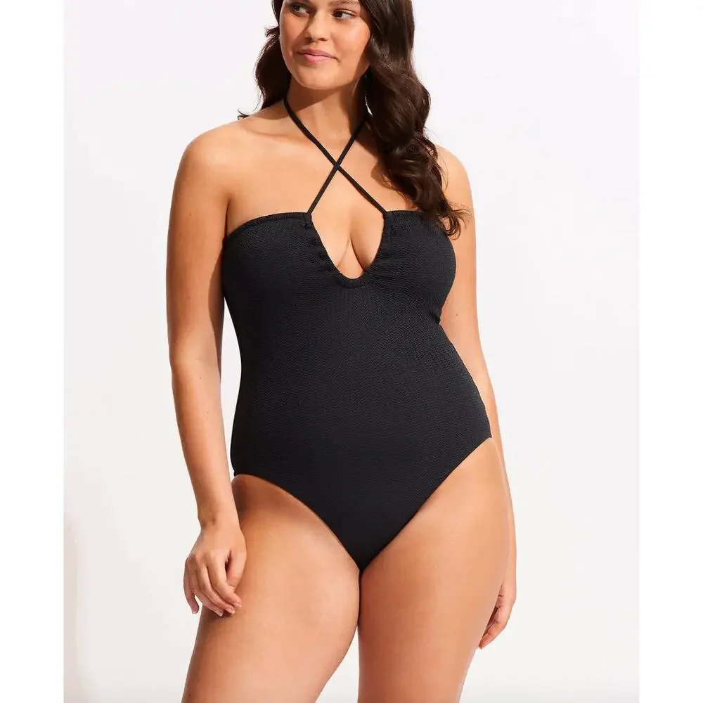 SEAFOLLY Black Halter Bandeau One Piece Tie Swimsuit Bathing Suit NWT Size 10